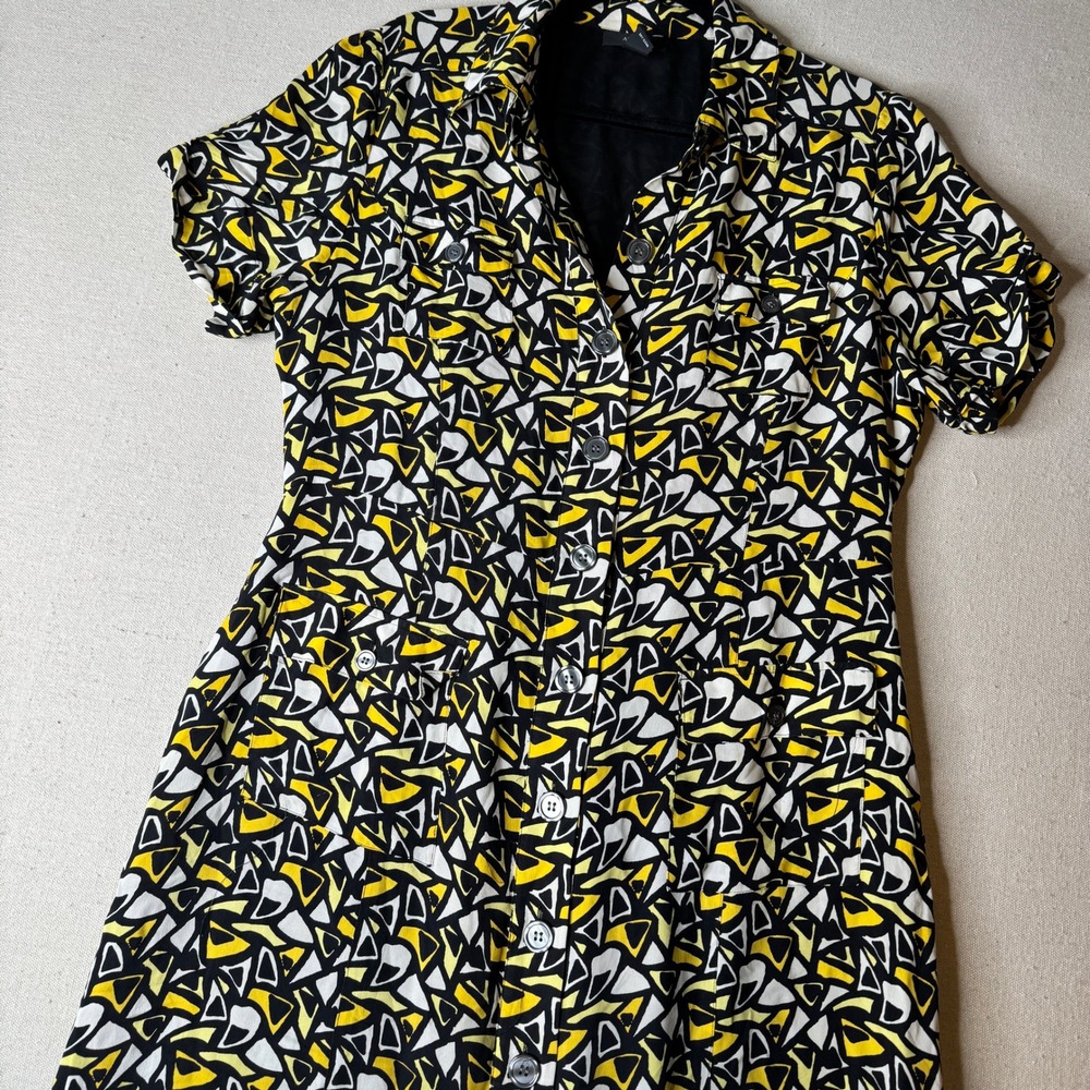 Alfani Women's Size 14 100% Silk Yellow Geometric Print Button Down Shirt Dress
